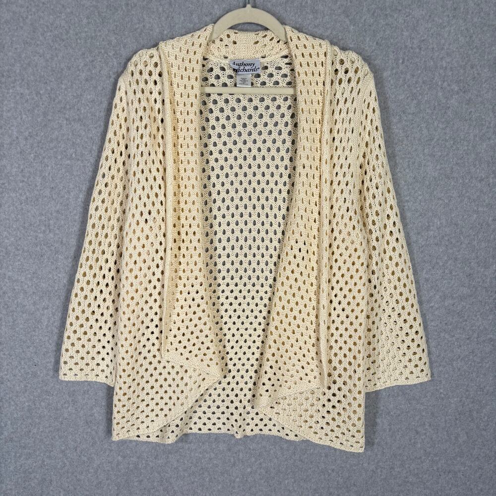 Vintage Y2K Crochet Open Knit Cardigan Sweater Medium Cream Cottage Coastal Boho